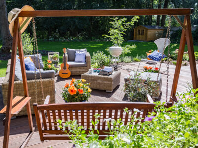 Spacious terrace with garden swing